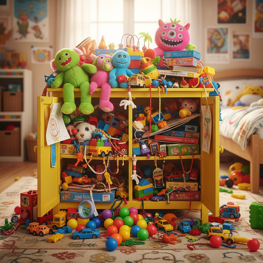 A bright yellow cabinet overflowing with various colorful toys in a child's bedroom.